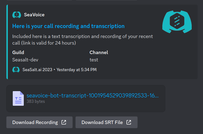 SeaVoice STT Discord bot sends users a message with audio and transcription download links.