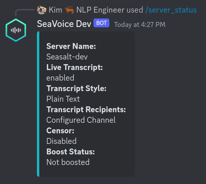 SeaVoice Discord bot sends user a summary of the server configurations.