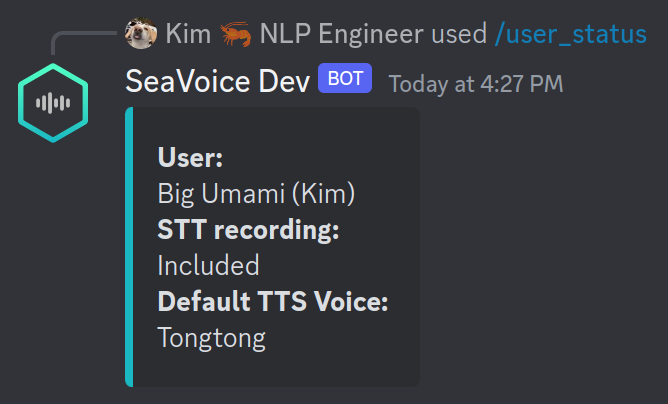 SeaVoice Discord bot sends user a summary of the user configurations.
