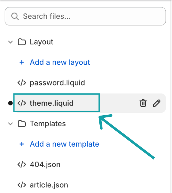 Click on “theme.liquid” on the left side panel.