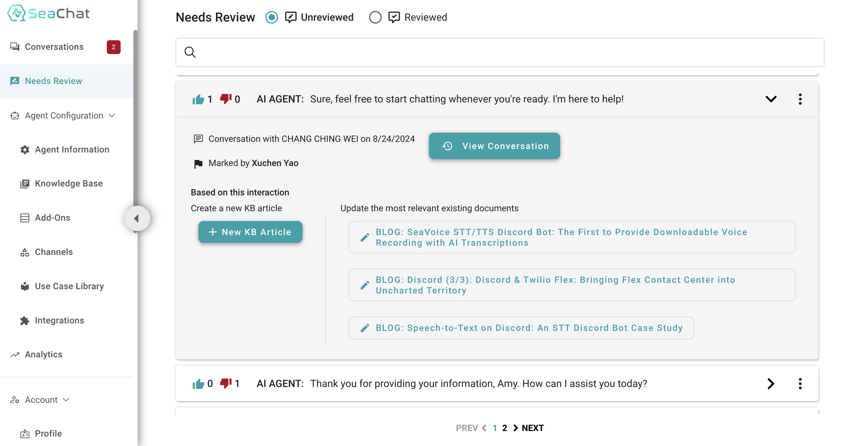 AI Agent Editor and Admin should review daily conversations in 'Need Reviews' section on SeaChat to improvement chat quality