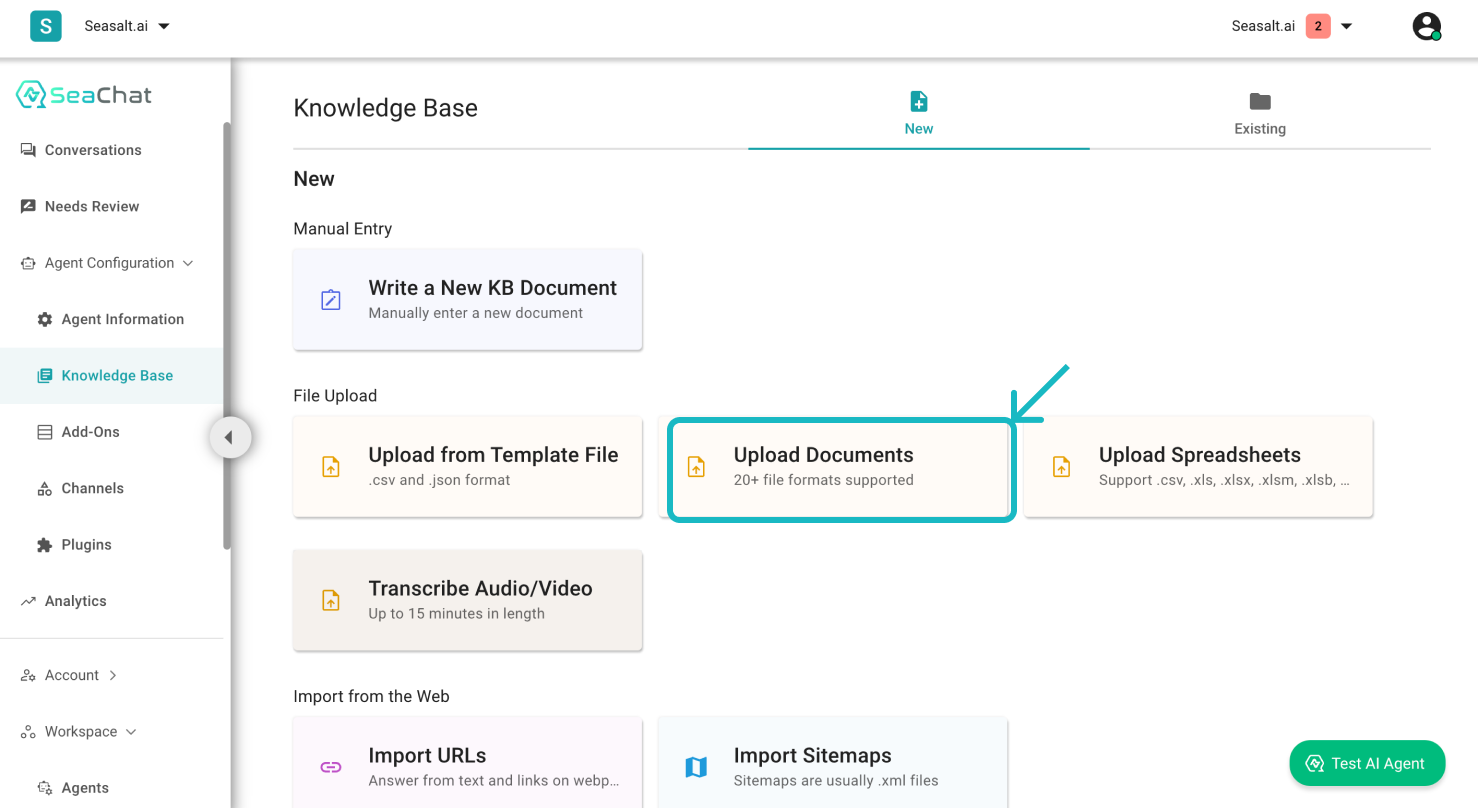 Image of the Knowledge Base dashboard through the Agent Configuration in the sidebar menu to show how to upload a CSV or JSON file to an agent by selecting Upload from Template File.