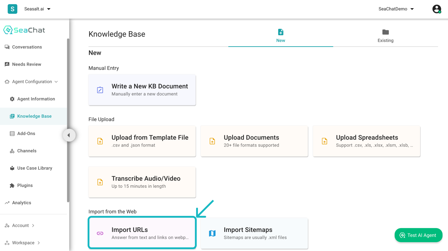 Image of the Knowledge Base dashboard through the Agent Configuration in the sidebar menu to show how to upload by importing urls.