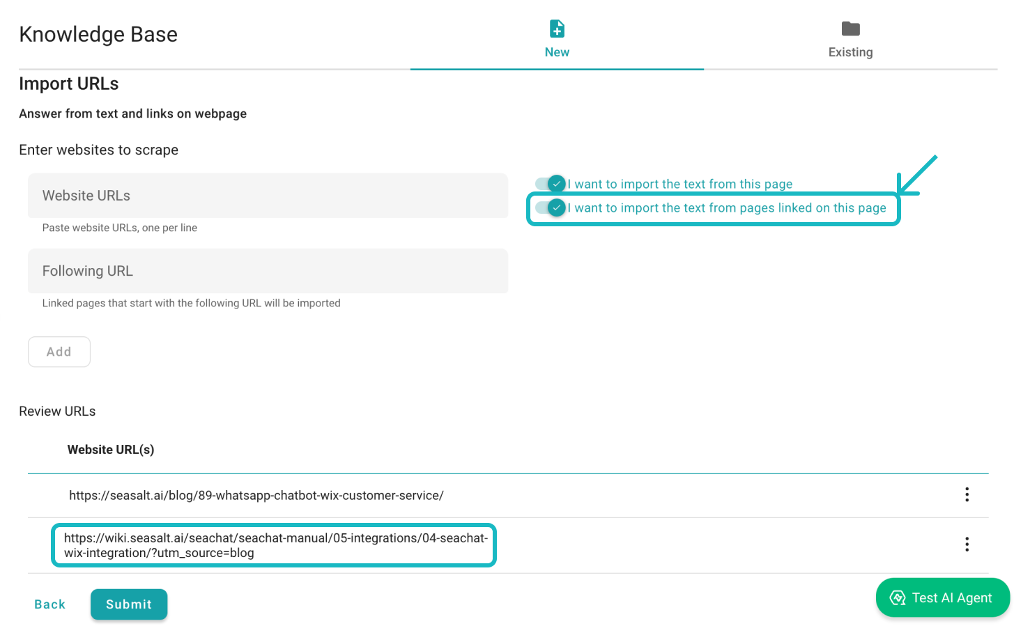 Image of the Knowledge Base interface where we lead the user to insert the url of the webpage that they wish to import