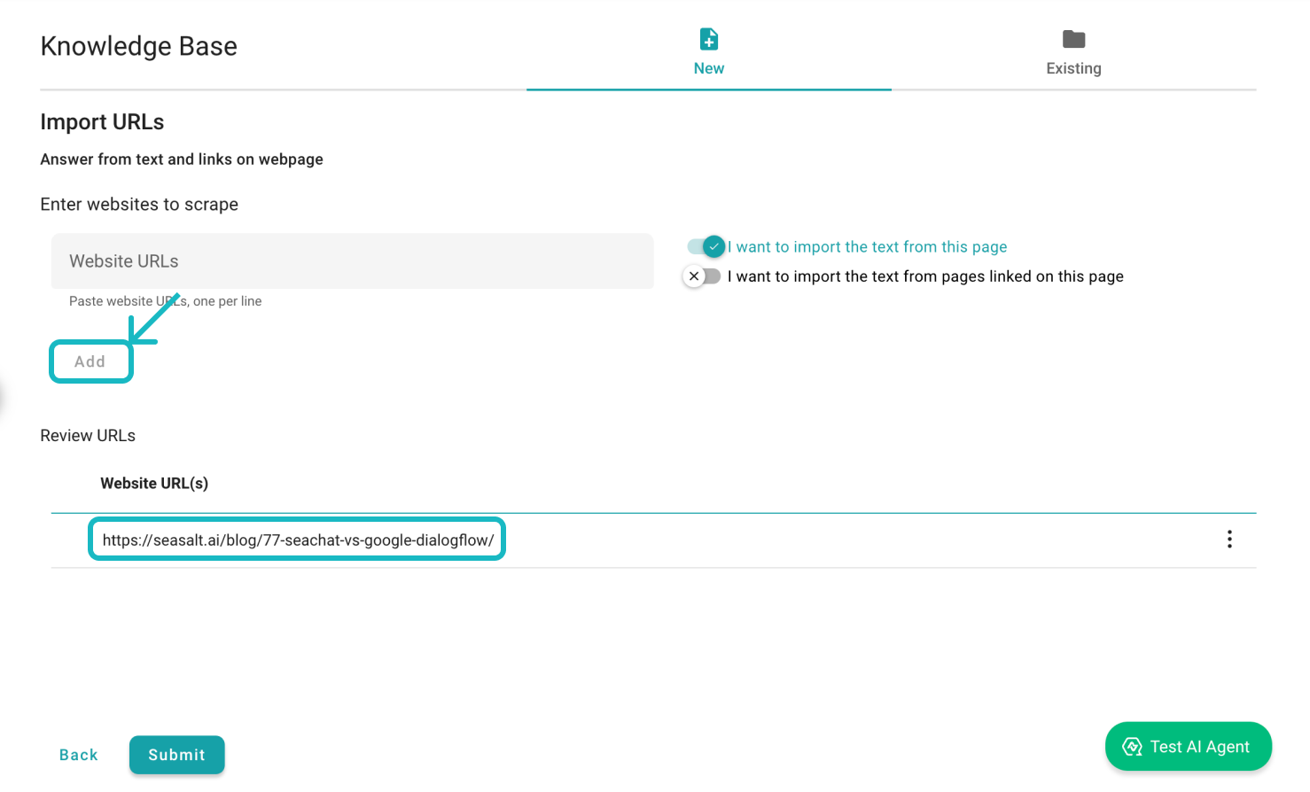 Image of the Knowledge Base interface where we lead the user to insert the url of the webpage that they wish to import