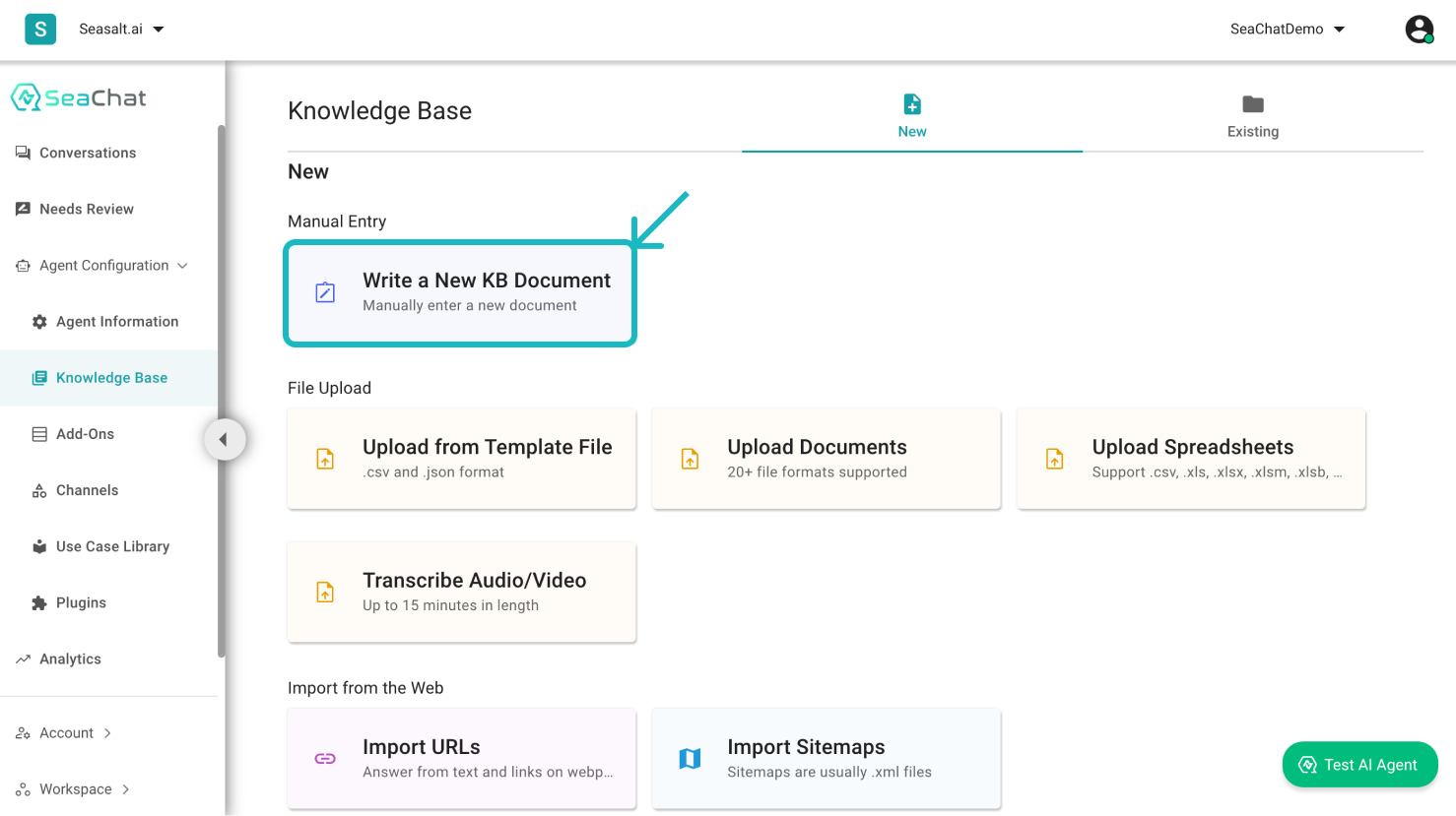 Image of the Knowledge Base dashboard through the Agent Configuration in the sidebar menu to show how to upload by importing urls.