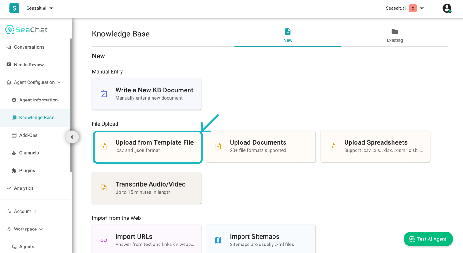 Image of the Knowledge Base dashboard through the Agent Configuration in the sidebar menu to show how to upload a CSV or JSON file to an agent by selecting Upload from Template File.