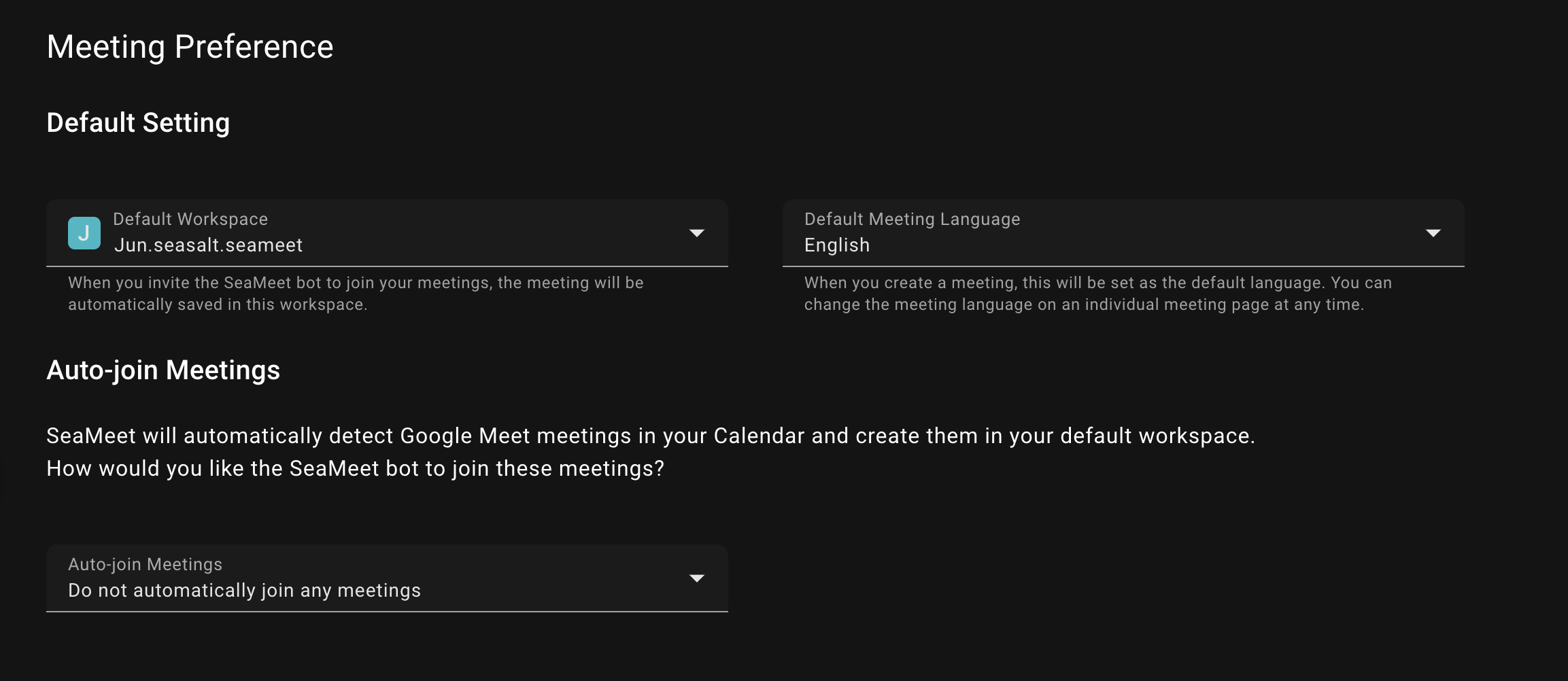 SeaMeet Default Meeting Language and Storage Workspace