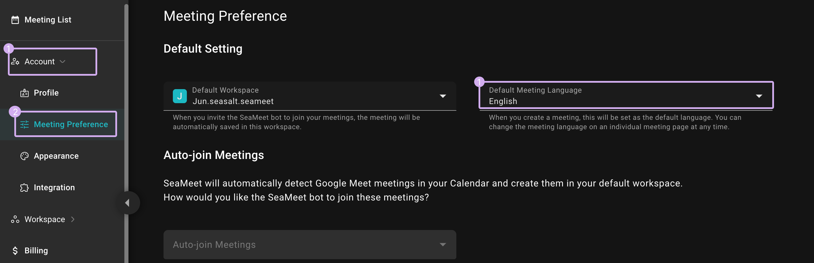 Default SeaMeet Meeting Recording Language