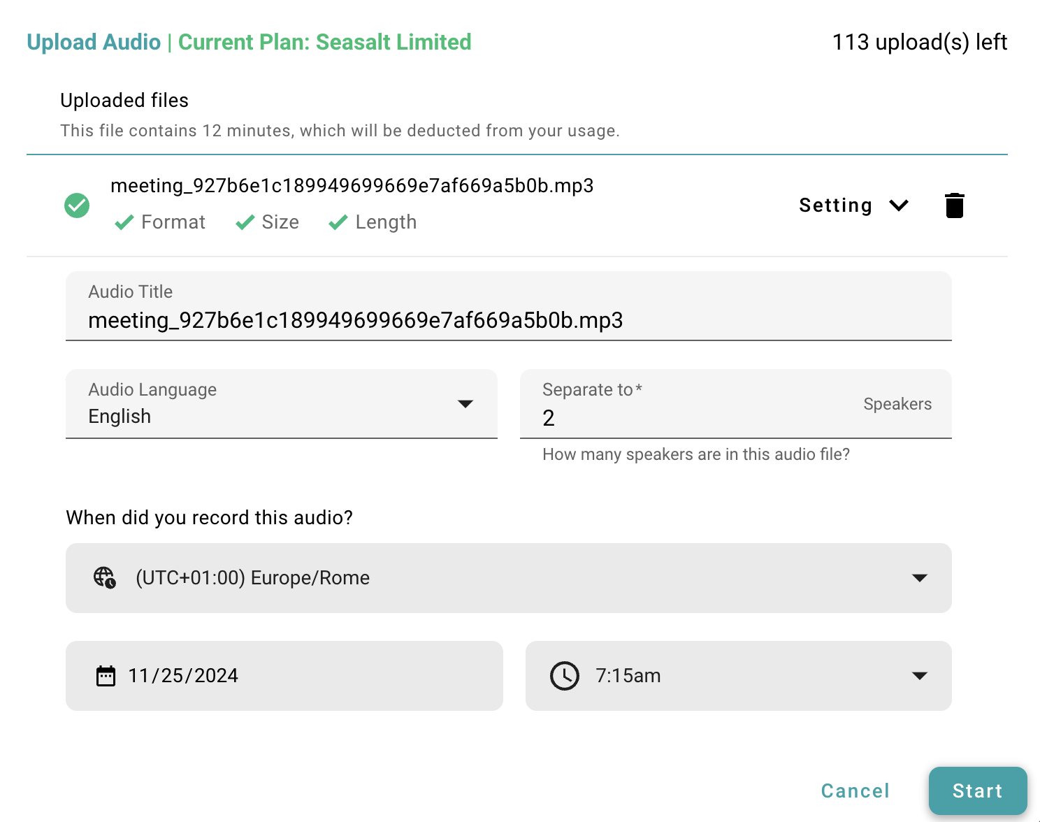 SeaMeet Transcription Settings